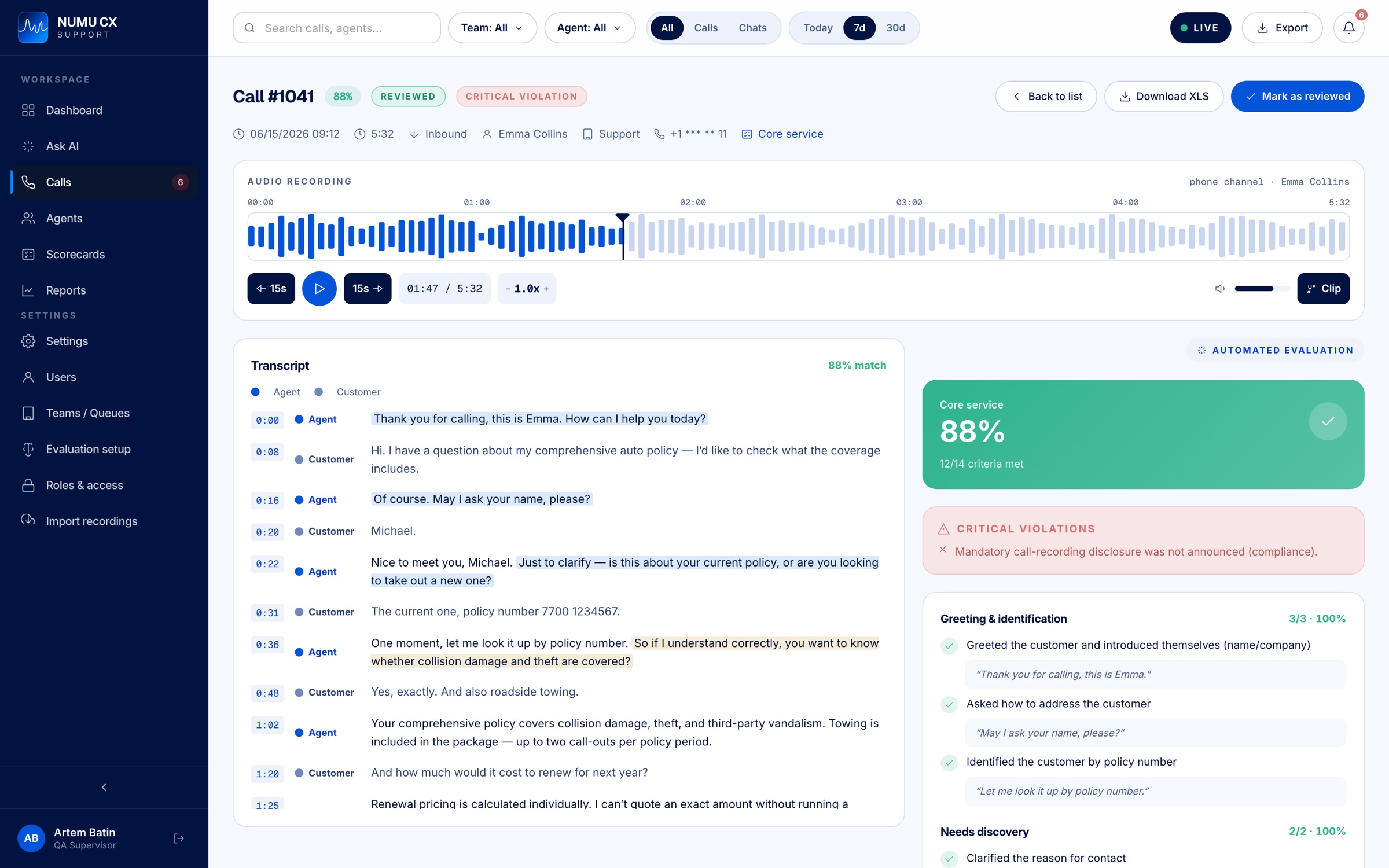 Call card: speaker-separated transcript, an 88% checklist score and a critical compliance violation