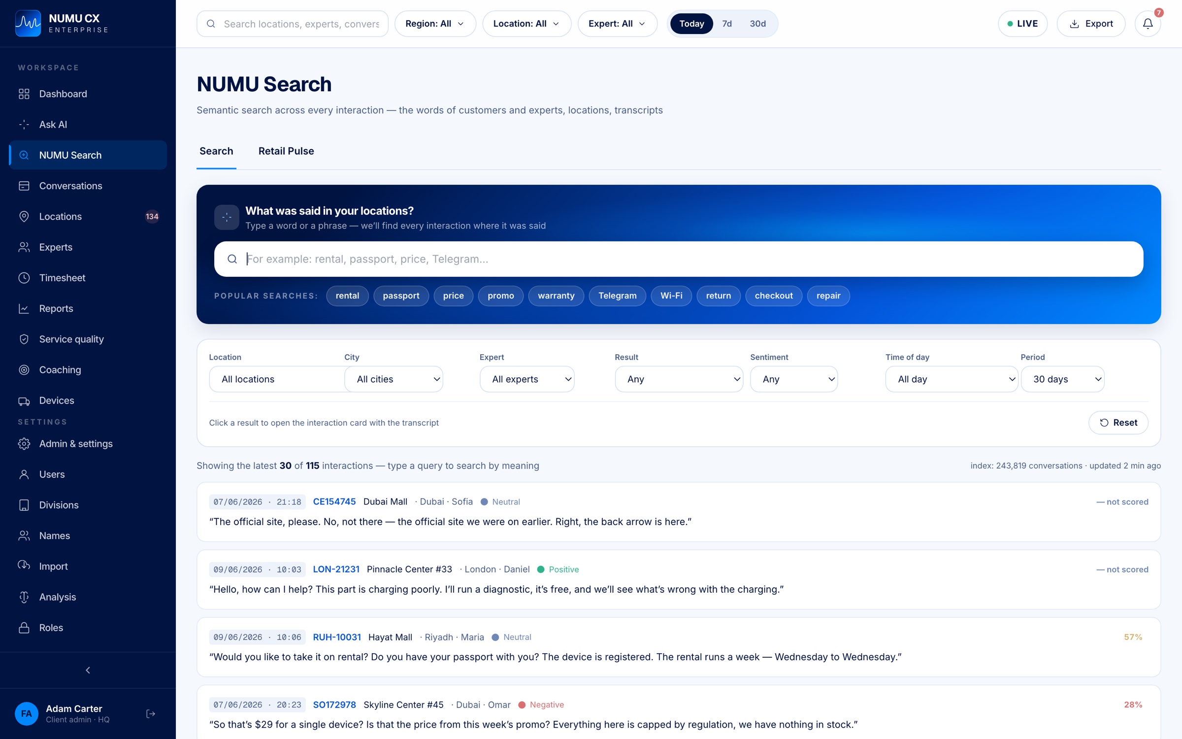NUMU Search: semantic search across every interaction in the network, with filters